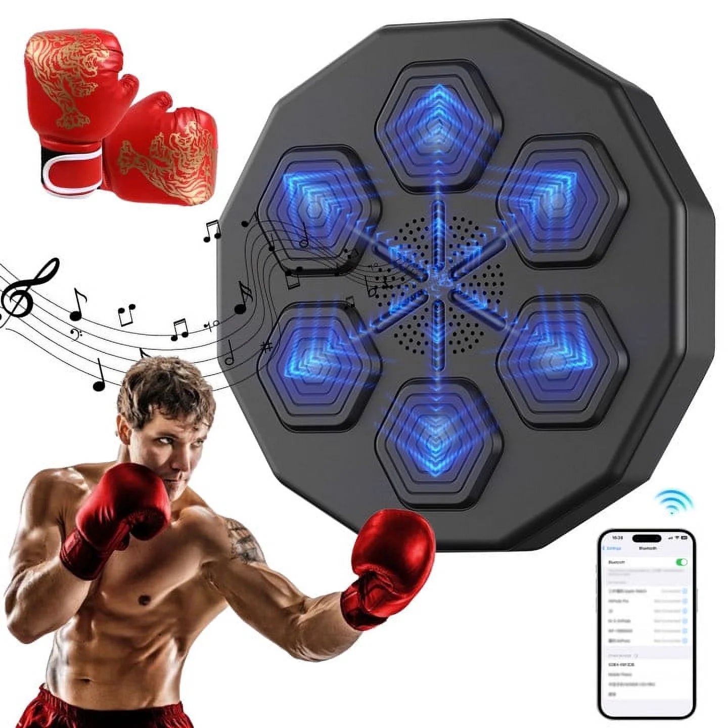 Music Boxing Machine, Smart Bluetooth Connection Boxing Equipment, Fight Reaction Training Boxing Pad, Release Pressure Wall Mounted Punching Equipment with Boxing Gloves