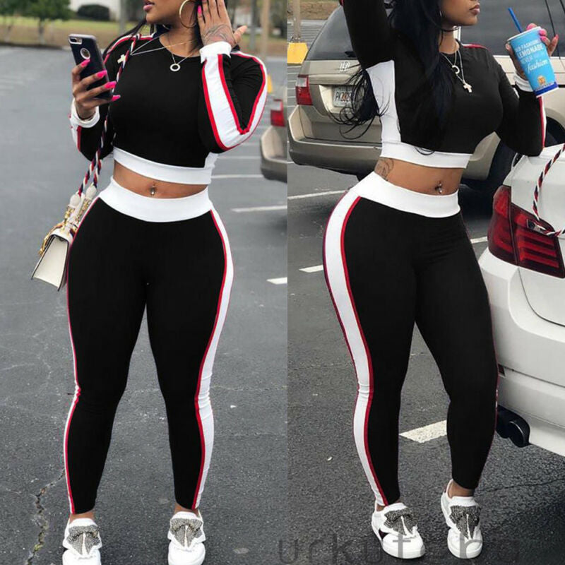 Women 2 Piece Set Tracksuit Fitness Yoga Sport Casual Streetwear Long Sleeve Crop Top+High Waist Patchwork Pants Leggings